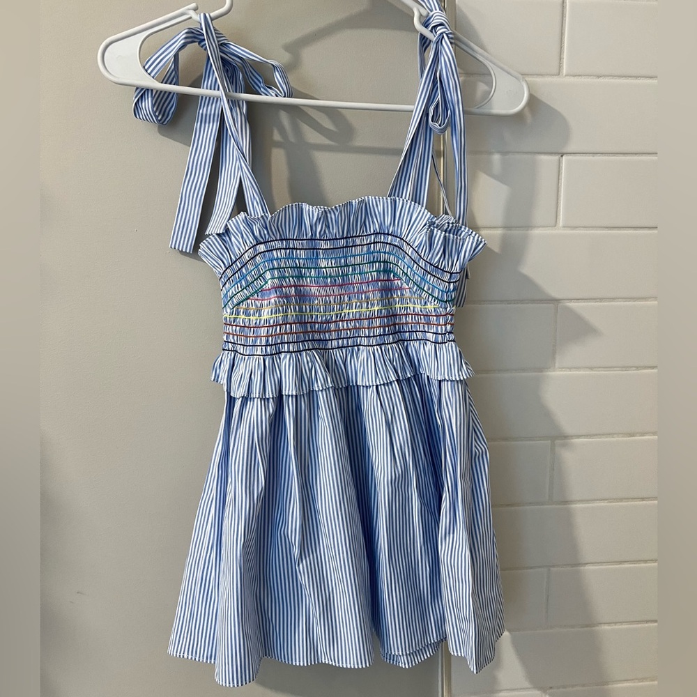 Tuckernuck Stripe Smocked Top, Size XS, Blue & White w/ Rainbow Threading-BNWT